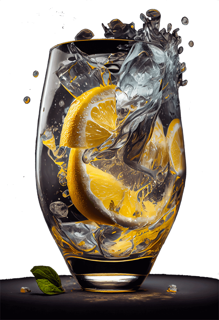 Image of glass with slices of oranges, ice, and liquid inside, almost splashing out over the rim of the glass.