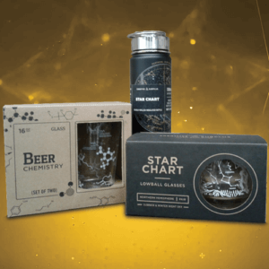 Image of a star chemistry kit, a beer chemistry kit, and a star chart.