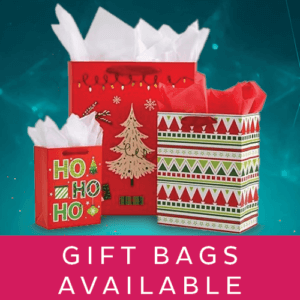 Image of three Christmas gift bags above text that reads "gift bags available".