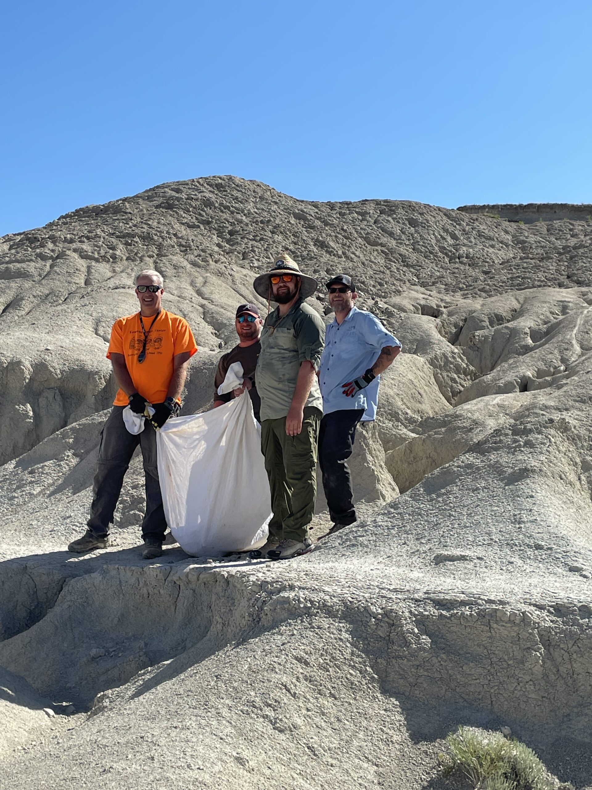 Image of a cluster of people on the ground at a fossil dig.
