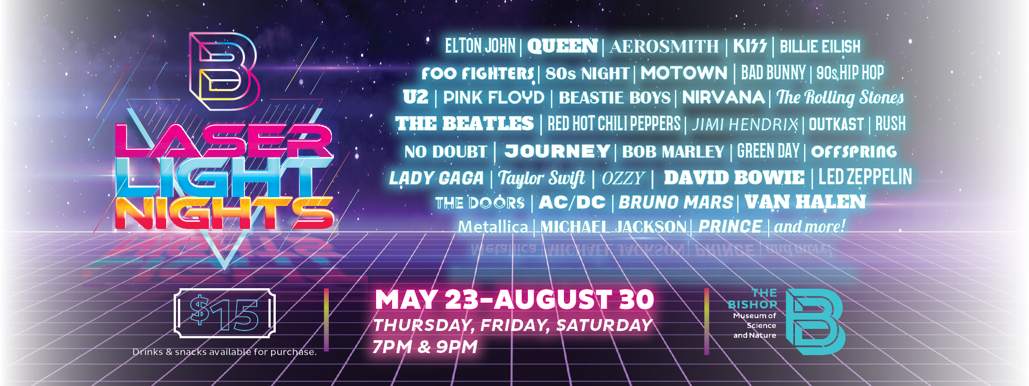 Poster for Laser Light Nights at The Bishop Museum of Science and Nature.