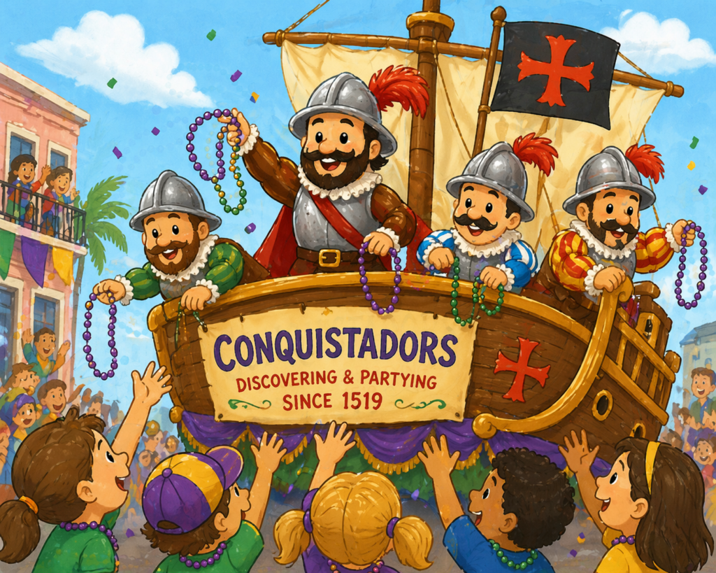 Conquistadors tossing beads from a parade float pirate ship.